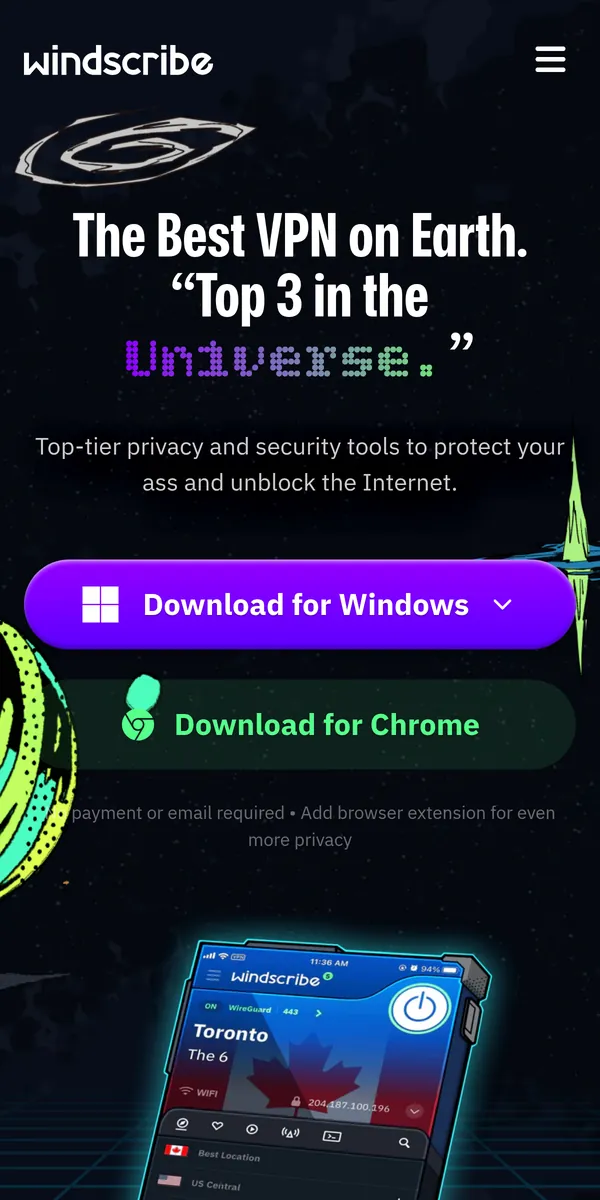Startseite von Windscribe auf dem Smartphone – im Vergleich: bester VPN für die Schweiz